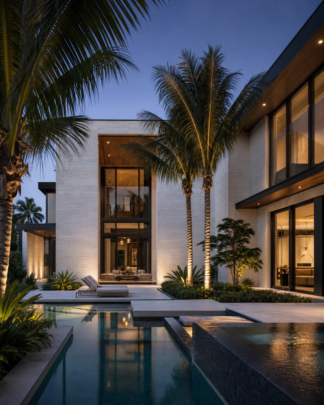 Luxury courtyard and pool with palm trees